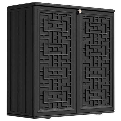 ZZM HDPE Outdoor Storage Shed, Outdoor Plastic Storage Cabinet, Horizontal Resin Tool Shed for Garden, All Weather Outdoor Storage Clearance, DIY Usage, with one Shelf (Black)