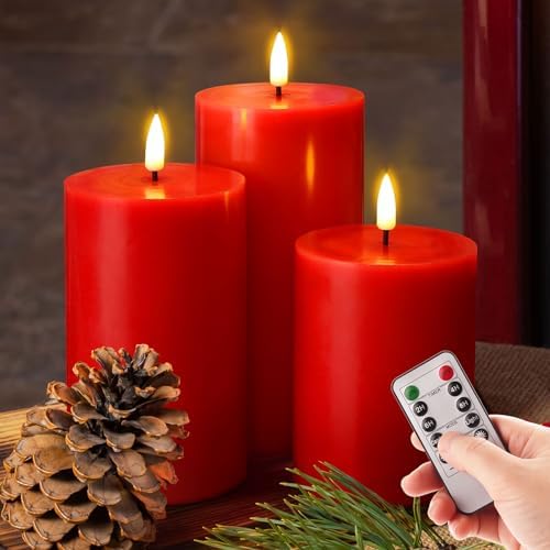 Girimax Red Flickering Flameless Pillar Candles with Remote Timer, Real
