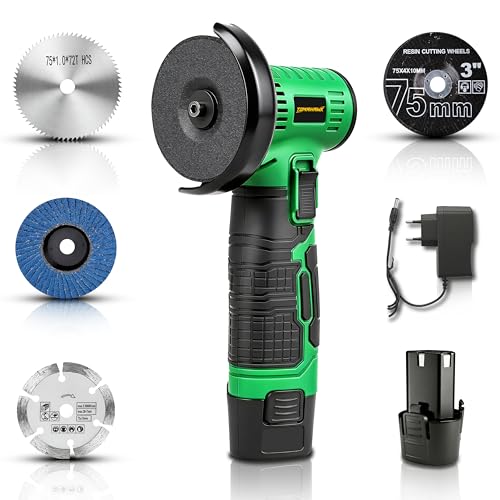 Image of TOMAHAWK CMG-12B Mini Cordless Angle Grinder 75mm / 3 inch- 2 x 1.5 Ah, 12V Powerful DC Motor, 19500 RPM With Abrasive Wheels for Cutting, Grinding & Polishing Metal, Marble & Stone