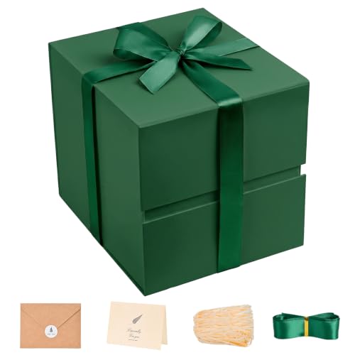 Image of LIFELUM Dark Green Cube Gift Box with Lid 8.6 x 8.6 x 8.6 inch, 1 Pack Magnetic Gift Box Contains Card, Ribbon, Shredded Filler for Wedding, Christmas, Birthday Presents