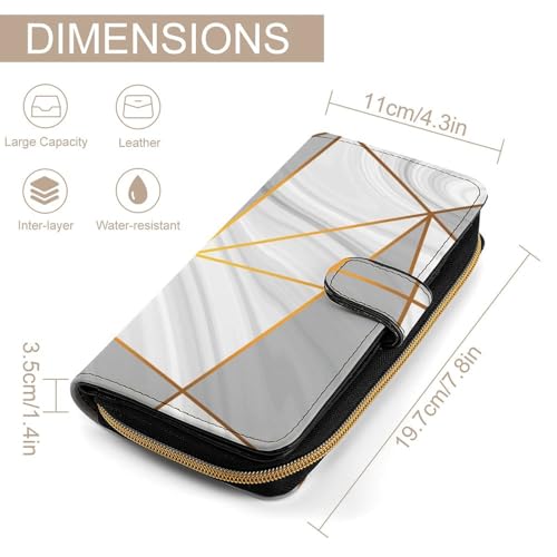 Nugier Women Soft PU Leather Wallet, Zipper Card Case Clutch Credit Bills Money Crash Coin 7.8x4.3x1.4 in Holder Purse Print Grey White Marble Golden Metallic Triangles Gold Lines2