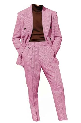 2 Piece Mens Tweed Suits Double Breasted Retro Herringbone Jackets Formal Blazer Pant Set Casual Business Coat3