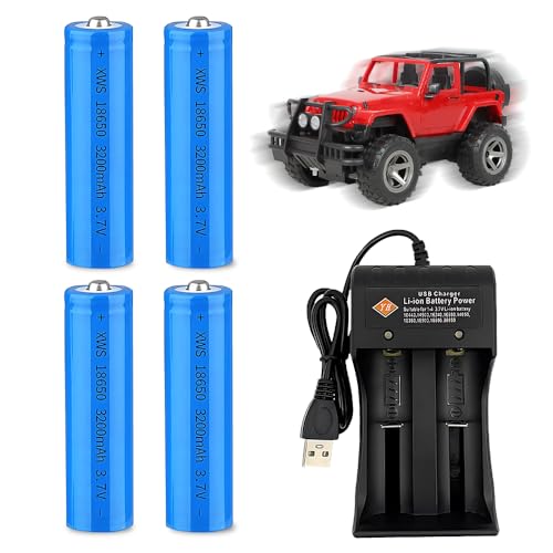 NAVESO 4 Stück 3 7v Akku 3200mah Akkus Wiederaufladbarer mit Dual Ladegerät 3 7 Volt Akku Batterie für Mikrofone RC Taschenlampen Türklingel Kamera Kleinen Lüfter
