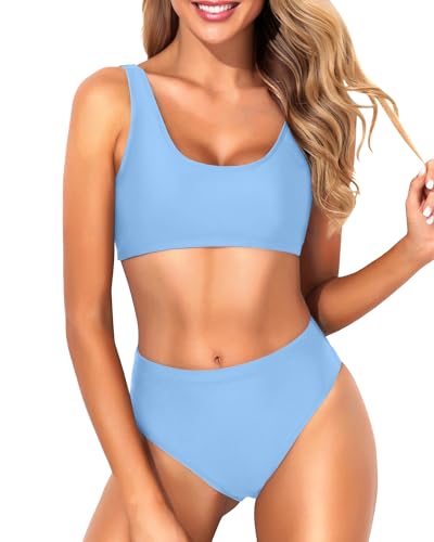 Image of Tempt Me Women Two Piece Scoop Neck Bikini Crop Top High Cut Swimsuit Sporty High Waisted Bathing Suit with Bottoms