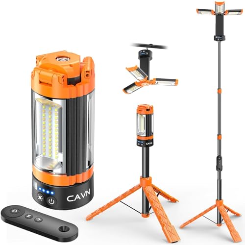 CAVN Rechargeable Camping Lights with Remote & Detachable Tripod Max Height 6.7 ft, Portable Work Light with 3 LED Lamp Heads, Camping Essentials Gear Emergency Flashlight with Hook, Orange
