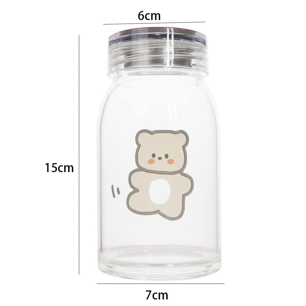 Bicchiere d'Acqua in Vetro Trasparente con Cinturino in borosilicato Resistente al Calore, con Motivo a Orso Marrone, Scuola e Sport