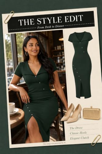 Image of Fooullaide Women's Sexy Bodycon Mid Dress Stretch Short Sleeve V Neck Cocktail Party Dresses