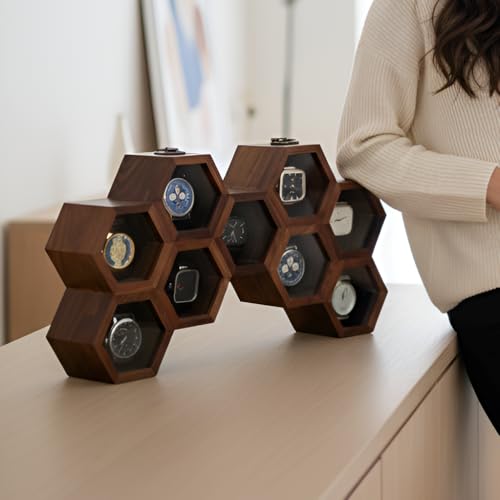 Image of Vintage Wooden Watch Box for Men, Timepiece Display Case, Honeycomb Watch Storage & Organizer, Jewlery Box for Women, Anniversary Gift For Husband (9 Compartments)