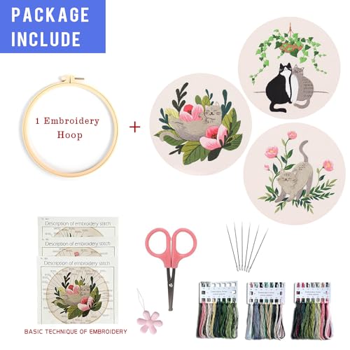 Image of LB Funny Cat Embroidery Kit for Beginners Adults, 3 Sets Hand Embroidery Starter Kit with Floral Pattern and Instructions Stamped Cross Stitch Kits Include Embroidery Hoop Needles Threads Scissors