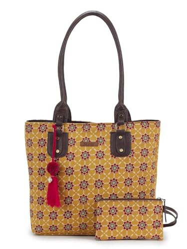 Image of NEPRI Office Pouch Tote Bag | Stylish Set of 2 Tote Bags for Women| Vegan Leather & Handblock Printed Fabric Handbag with Double Handle Shoulder Strap| Daily & Travel Use