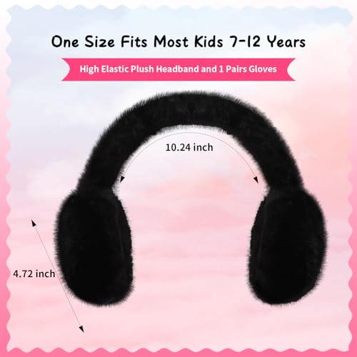 Kids Plush Earmuffs and Gloves Set Girls Boys Winter Faux Fur Ears Muffs Covers Outdoor Ear Warmers Age 7-122