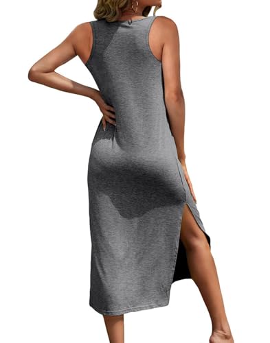 Image of Dyexces Women Summer T Shirt Dress Casual Short Sleeve V Neck Maxi Dresses Loose Side Slit Long Tshirt Dress with Pockets