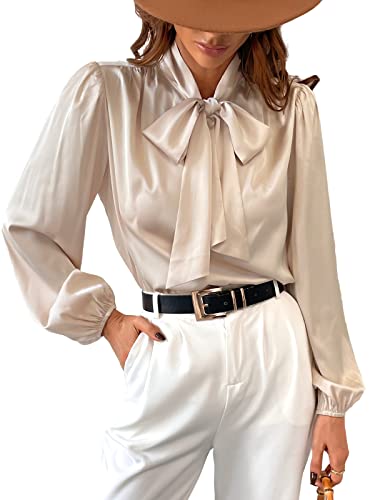CUPSHE Chemise en satin pour femme avec nœud papillon à manches longues et col haut brillant, champagne, M CUPSHE Chemise en satin pour femme avec nœud papillon à manches longues et col haut brillant, champagne, M