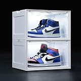 MMBABY 2-Pack LED Sneakers Boxes Stackable Voice Control White Shoe Display Cases Side Open Shoe Containers Sneaker Storage Boxes with Magnetic Door,Fit Shoe Size Up to US 15