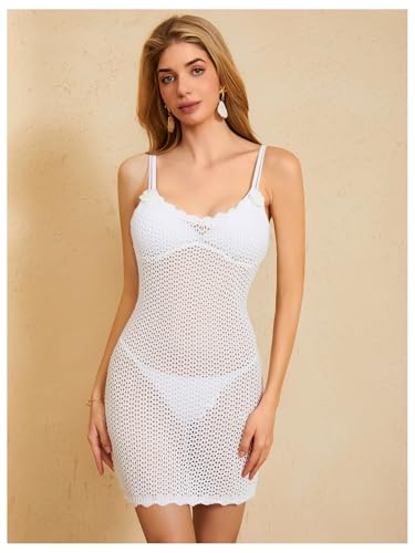 MakeMeChic Women's Hollow Out Crochet Dress Spaghetti Strap Knit Mini Dresses Swimsuit Cover Up4