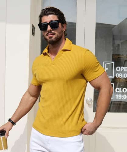 Camisetas Polo para Hombre YTD de Cuello en V y Ajuste Slim | Tees Suaves de Punto Rizado, Manga Corta, Estilo Casual y Deportivo para Golf miniatura 3