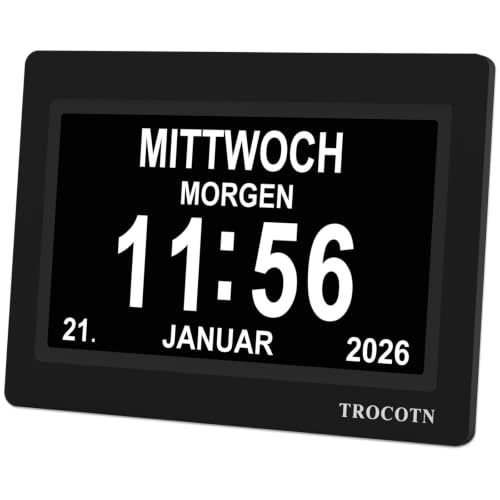 TROCOTN Demenz Uhr Senioren Digitale Uhr Tagesuhr Großes Display Wecker Wanduhr (Schwarz 7 Zoll)