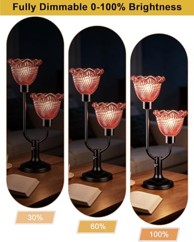 Image of Lightdot Mid Century Modern Table Lamp Dimmable Vintage Red Glass Lamp Gift | Black Desk Lamp 2 Bulbs Included 3000K Warmwhite Nightstand Ambient Bedside Lamps for Bedroom Living Room Home Decor Gift