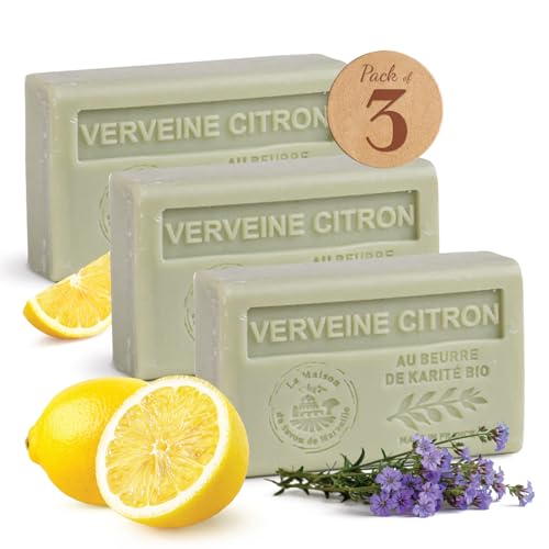 Savon Solide parfum Citron Verveine -Enrichi en Beurre de Karité Bio -Savon Parfumé - 100% Végétale- Fabriqué en Provence - Main & Corps Hydratant -3x125g