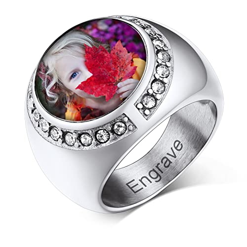 Custom4U Personalized Rings with Pictures Inside Custom Photo Ring Name Engraving Stainless Steel Signet Ring/Heart Ring Size 7-14 Customized Memorial Jewelry for Men Women (Gift Box) H-Roun