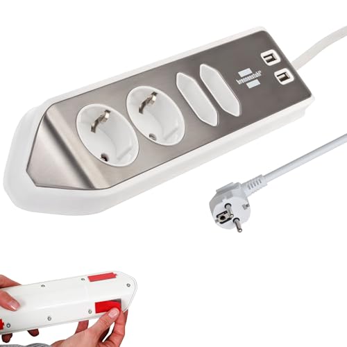 Brennenstuhl Estilo Ecksteckdosenleiste 4-Fach (Tischsteckdose mit Edelstahloberfläche für Küche und Büro, mit 2X Schutzkontakt-Steckdosen, 2X...