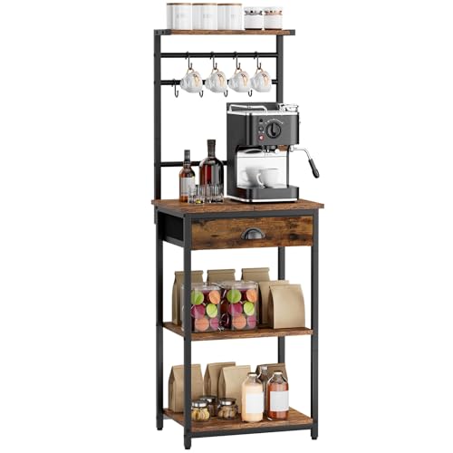 YMYNY Estante de Cocina, Porta - Cafés de Madera con 5 Niveles, Estante para Máquina de Café, Organizador con 12 Ganchos, Cajones de Tela, para Sala, Oficina, Marrón y Negro HBR009H