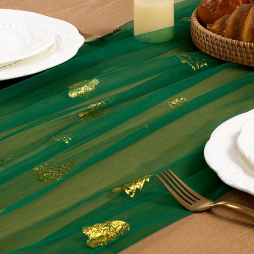 Image of Christmas Tree Table Runner Emerald Green Gauze Foil Table Runner, 3PC