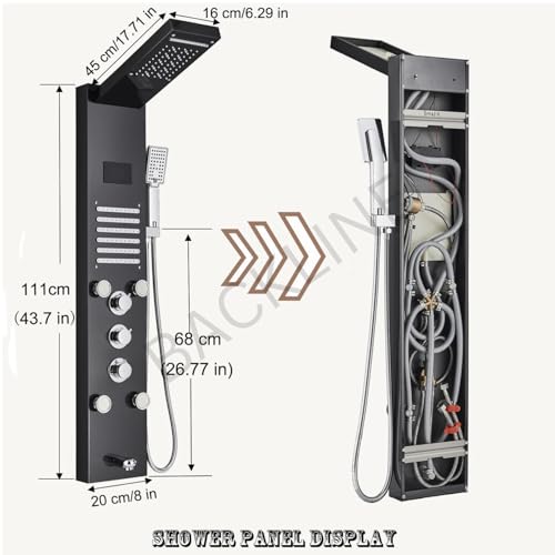 Image of Backline 7 in 1 Thermostatic Shower Panels For Bathroom SS 304, Multifunction Shower System With LED & Hot & Cold Water | Hand Shower | Body Mist Spray | Water Spout (Black Glossy)