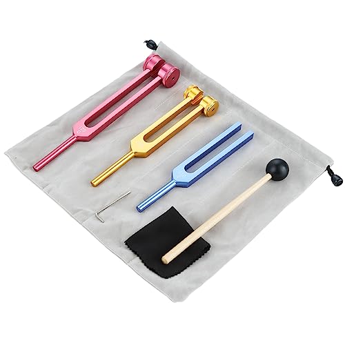 DRELD Juego de tenedores de afinación de 128 Hz, 256 Hz, 512 Hz para curación de chakras, terapia de sonido, reparación de ADN y uso médico con paño de limpieza, llave Allen y martillo de silicona
