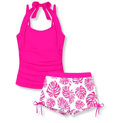 Image of Size 7-16 Years Girls Slim Fit Swimsuit 2 Piece Halterneck Tankini Swimsuit Drawstring Printed Swim Shorts