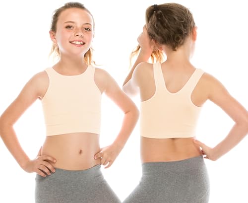 Kurve Premium Girls Seamless Supersoft Sleeveless Crop Tank Top - Stretchy Bra, UV UPF 50+ (Made in USA), Black/Nude Set, 9 Years-14 Years2