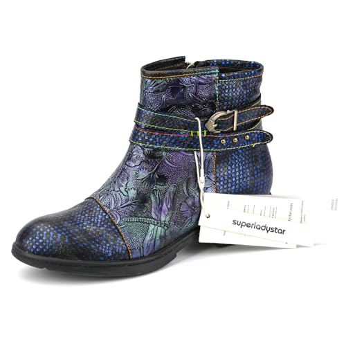 Superladystar's Genuine Leather Handmade Women's Flat Shoes, handmade dragonfly embossed, Vintage Style, Wide, Comfortable4