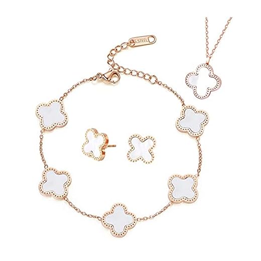 TOFBS Vierblättriges Kleeblatt Schmuckset für Damen und Mädchen 18K Roségold Plattiert Edelstahl Zweiseitig Grün Schwarz Anhänger Halskette Ohrstecker Armband Emaille Schmuck Set (Weiß)