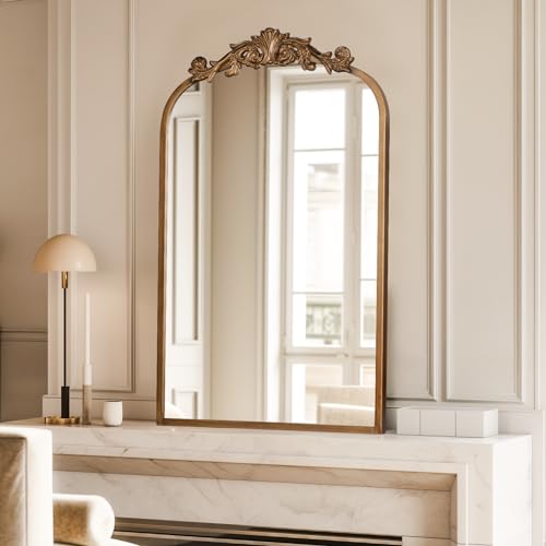 USHOWER 19' x 31' Gold Vintage Mirror for Wall, Antique Baroque Mirror with Ornate Frame, Arched Brass Mirror for Bathroom, Living Room, Fireplace, Entryway