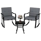 GarveeHome 3-teiliges Bistro-Set für den Außenbereich – 2 Schaukelstühle mit warmgrauen Kissen & Glastisch, Gartenmöbel-Set für Garten, Terrasse, Pool und Balkon (Grau)