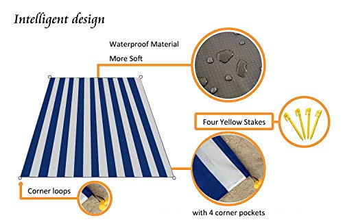 Hzjoyue Outdoor Blanket (71" X 55") -Compact, Lightweight, Sand Proof Pocket Blanket Best Mat For The Beach, Hiking, Travel, Camping, Festivals With Pockets, Loops, Stakes, Carabiner (White Blue) #TOP1