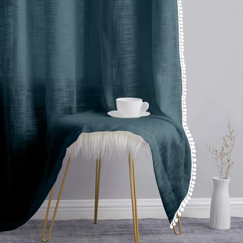 Image of THE LINEN COMPANY Cotton Sheer Grommet Curtains with Side Border Pompom Sheer Curtain for Long Door Linen Textured, Light Filtering, Pack of 2 (Navy Blue, 8 Feet)