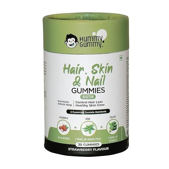 Hummy Gummy Biotin Hair Gummies for Stronger Hair & Nails with Vitamin A, C, E, Zinc, Fiber & Folic Acid Promotes Bright Skin for Men & Women with Strawberry Flavored (Pack of 1)