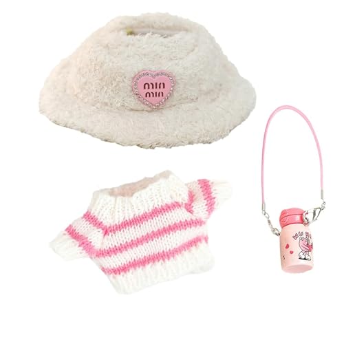 Kleidung für Puppe, Outfit für Plüschtiere, Pinkes Set mit Pullover, Mütze und Wasserflasche, Ideal für DIY-Projekte und Geschenke, Kompatibel mit Mini-Puppen, Kleidung für die Plüsch Toy(ohne Puppe)