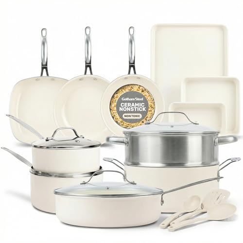 GOTHAM STEEL 20 Pc Ceramic Cookware Set Nonstick, Ceramic Pots and Pans Set Non Stick for Kitchen with Bakeware, Cooking Utensils & Steamer, Non Toxic PFOA PFOS Free, Oven & Dishwasher Safe