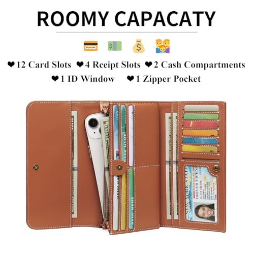 GOIACII Women's Wallet RFID Blocking Long Clutch Ladies Purse Vegan Leather Embossed Flower Brown2