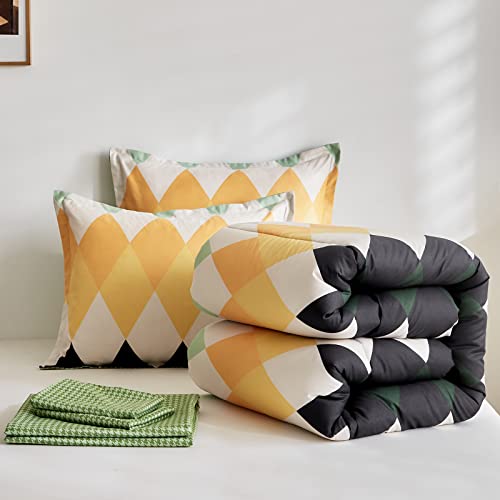 Uozzi Bedding Rhombus Comforter Sheet Set 7 Pieces Bed In A Bag White Green Yellow Diamond Queen Size (1 Comforter 2 Pillow Shams 1 Flat Sheet 1 Fitted Sheet 2 Pillowcases) #TOP5