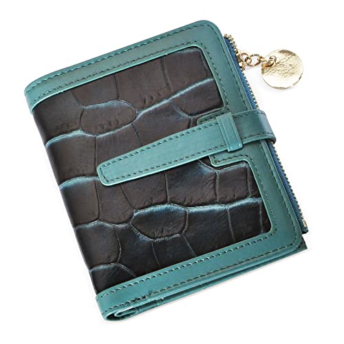Genuine Leather Women Lady Bifold Fashion Card Case Handy Wallet Zipper Coin Case Pocket Purse Crocodile Embossed (A Green)