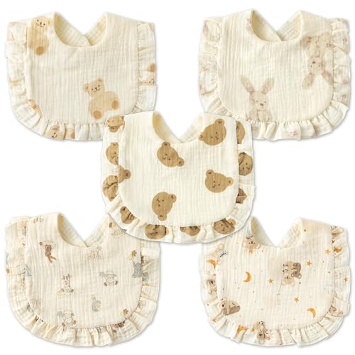 Image of Zainpe 5Pcs Snap Muslin Cotton Baby Drooling Bibs with Flounce Lace Absorbent Layers Soft Burp Cloths for Infant