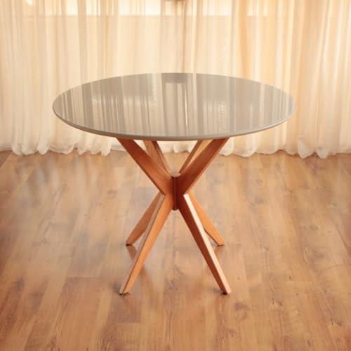 Mesa de Jantar Redonda Laqueada Tampo com Vidro Temperado Base Estrela em Madeira Maciça Mel (90 CM)