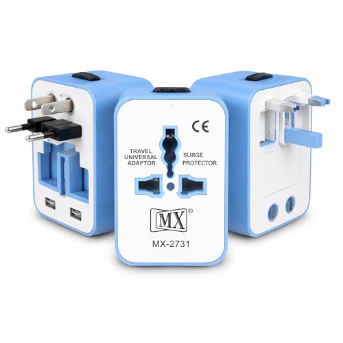 Image of MX Universal Travel Adapter All in One, Worldwide Plug Adapter for 150+ Countries, International Plug Adapter for Europe UK USA India, Multi Plug Travel Socket Compact Design (Blue)