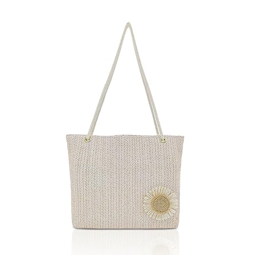 FuninCrea Straw Beach Bag, Trendy Straw Bag Portable Summer Woven Bag, Foldable Large Capacity Beach Tote Bag for Women (White)