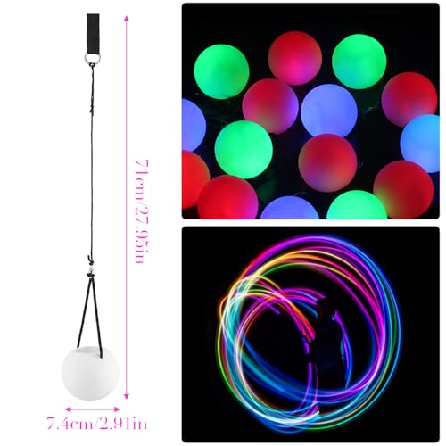 SKJJL Led Poi Bälle, 2 Stück Poi Jonglierbälle, Jonglierbälle Leuchtend mit Regenbogen Farben und Strobe-Effekt, Led Poi Ball mit Verstellbaren Doppelschlaufen-Leinen für Spinnen Schwingen Bauchtanz