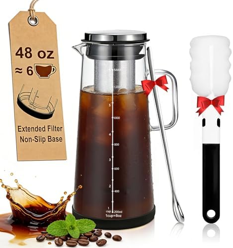 Cold Brew - Macchina da Caffè 1,4 L/48 Oz con Manico, Filtro in Acciaio Inox Allungato per Estrazione Profonda, Brocca per Tè Freddo con Base Antiscivolo, Con Spazzola per la Pulizia e