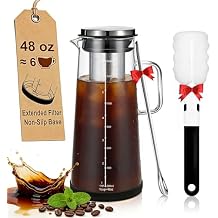 Cold Brew Coffee Maker 48oz/1.4L with Handle, Extended Stainless Steel Filter for Deep Extraction, Iced Tea & Fruit Pitcher with Non-Slip Base, Includes Cleaning Brush & Stirring Spoon